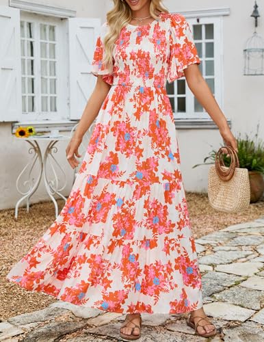 Image of ZESICA Women's 2026 Summer Boho Floral Maxi Dresses Casual Short Flutter Sleeve Smocked Tiered Flowy Dress