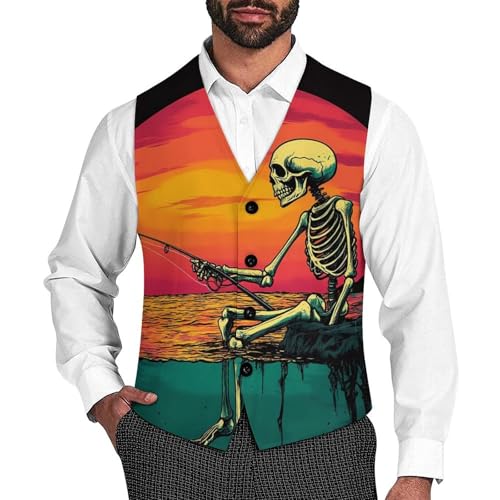 Fishing Skull Trendy Vest Suit for Men V Neck Formal Dress Waistcoat Vests Business Slim Fit