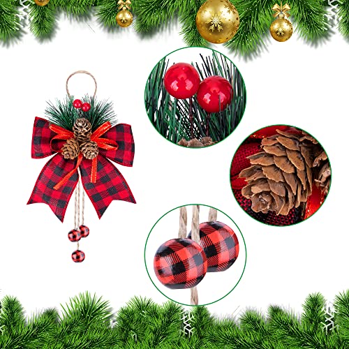 6 Pieces Christmas Burlap Plaid Bow With Pine Cones Pine Needles- Large Christmas Buffalo Plaid Bow-Christmas Wreath Bow Buffalo Check Bow -Xmas Decorative Bow For Christmas Tree Crafts Diy Decor #TOP2
