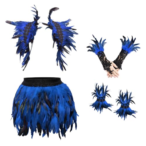 UMCHU 1 Set Federrock Pfau Kostüm Damen Rock Minirock Damen Bühnenkostüme 12-15 in Breite für Cosplay-Party Karneval Leistung Gothic Club verkleiden(Rock + Schal + Fußkettchen + Handschuhe)