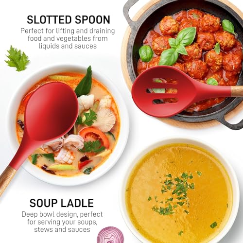 Image of Non-Stick Silicone Cooking Utensils Set, 5 Pcs With Wooden Handle, Heat Resistant Silicone Kitchen Gadgets (Red, 5)