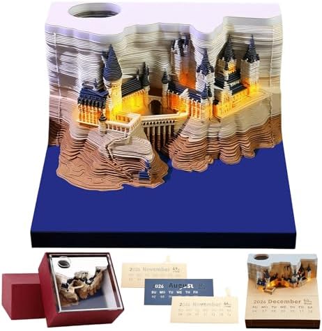 3D Calendar 2026,Time Piece Calendar 2026,3 D Sticky Notes 2026 with Light, Magic Castle Artistic Notepad, Christmas and New Year's Gifts, Desk Decoration for Home or Office