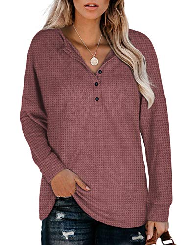 Womens Waffle Knit Tunic Tops Long Sleeve Button Up V Neck Henley Shirts Red L