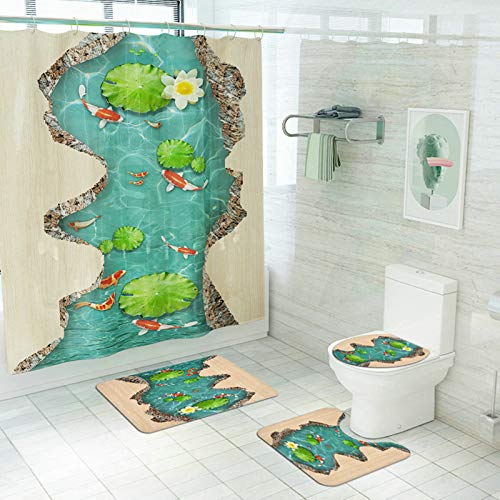 Badvorhang Antischimmel,Badematte Waschbar und Toilettenteppich Vorleger Lotus Teich und Karpfen Duschvorhang Set 4Teilig