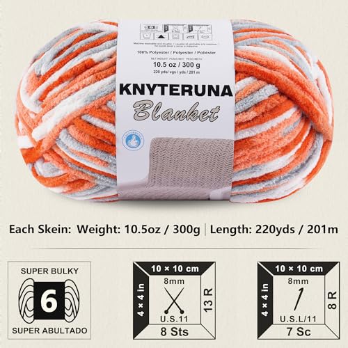 Image of #6 Super Bulky Blanket Yarn for Crocheting - 4 Skeins(Each 10.5oz /300g, 220yds /201m), Chunky Chenille Thick Plush Big Soft Yarn for Crocheting Knitting Blankets, Multi Orange & Grey