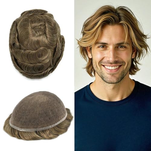 Mens Hair Piece Full French Lace Real Human Replacement System Hair Breathable Toupee For Men Bleached Knot Hair Prosthesis 6X8" 80% Density #18 MEDIUM BLONDE