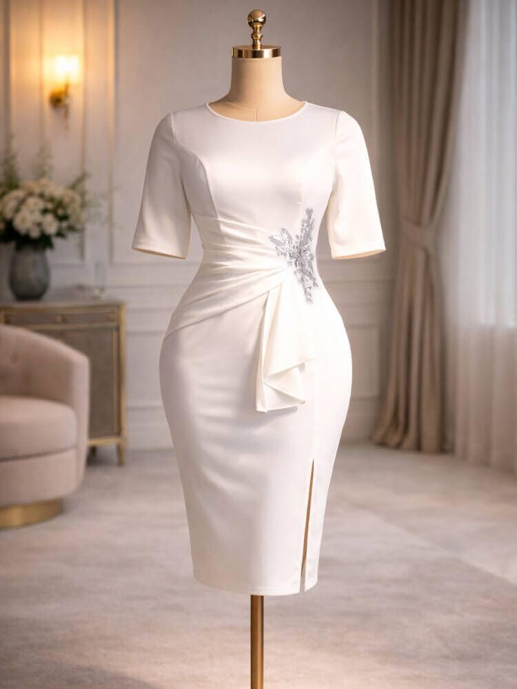 Image of ONTINVA Irregular Business Dress for Women's Outfits Crew Neck Peplum Tops Floral Applique Formal Pencil Dresses