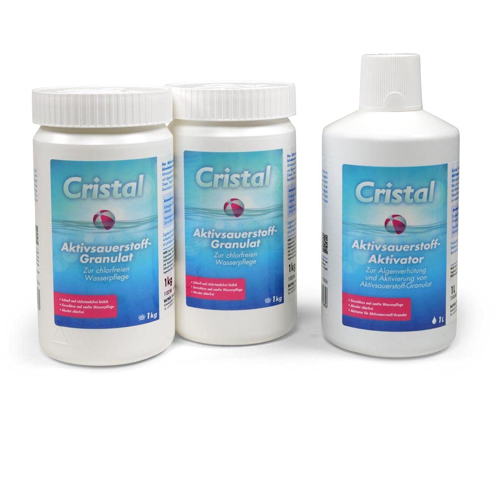Cristal Körnig - 2X 1,0 kg Aktivsauerstoff Granulat + 1x 1,0 l Aktivsauerstoff Aktivator - MEGA-Spar-Set für die chlorfreie Wasserdesinfektion vom Pool