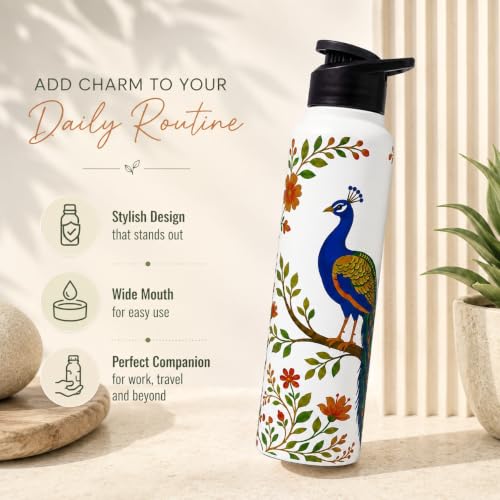 Image of Omichef Stainless Steel Single Wall Peacock Floral Print 1000ML, Fridge Water Bottle |BPA Free | Leak-Proof, Best for School /Office /Home /College