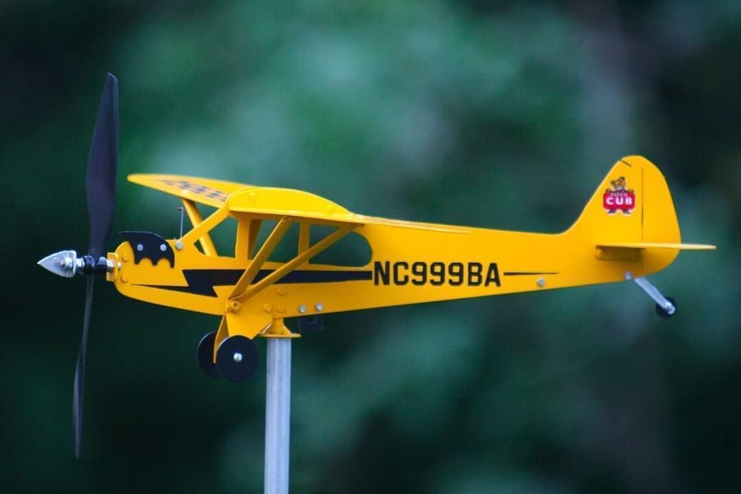 Thyggzjbs Piper J3 Cub Airplane Weathervane,3D Unique and Magical Metal Windmill Outdoor Wind Sculpture Kinetic Sculpture for Yard/Garden/Decor Decoration,Gifts for Flight Lovers