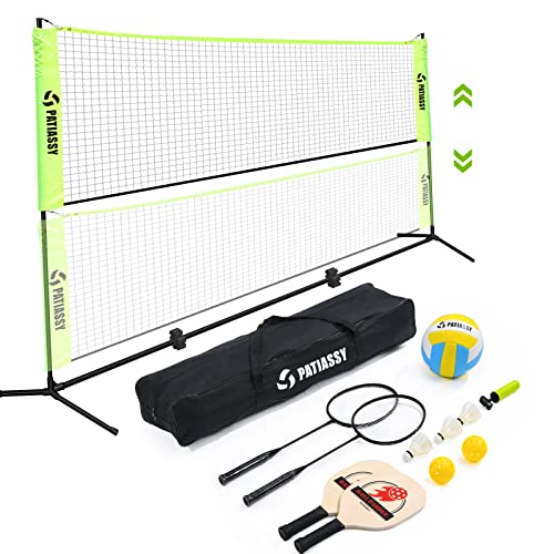 Patiassy 5.1ft-7.4ft Adjustable Height Volleyball Badminton Pickleball Net Set 17ft Sports Net with Poles, 4 Badminton Rackets, 3 Shuttlecocks, 4 Pickleball Paddles and Volleyball