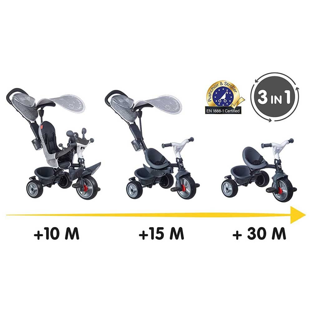 Smoby - Baby Driver Plus Grau - 3-in-1 Kinderdreirad, mitwachsendes Multifunktionsfahrzeug mit premium Ausstattung, für Kinder ab 10 Monaten, 741502