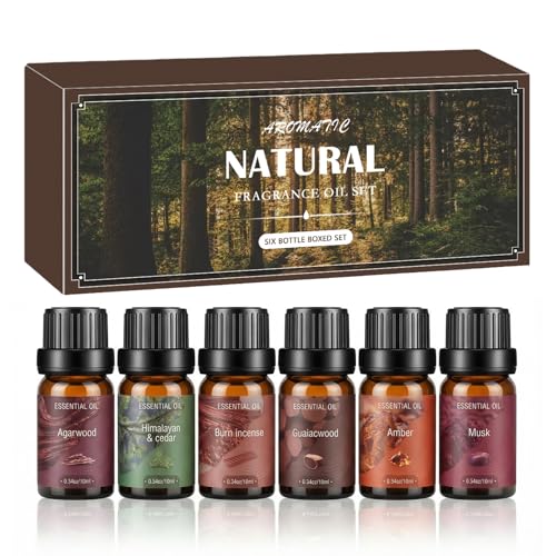 6 x 10ML Amaderados Aceites Esenciales para Humidificador, Set de Aceites Esenciales para Difusor, Cedro, Madera de Agar, Ámbar, Incienso, Almizcle, Madera de Guayaco