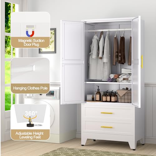 Image of GAIOUS Metal Wardrobe Cabinet with Hanging Rod, Clothing Storage Cabinets