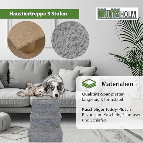 TRUTZHOLM Hundetreppe 3 Stufen Hunderampe für Bett und Sofa, Abnehmbarer, waschbarer Plüschbezug in Anthrazit robuste Hundetreppe Katzentreppe Hunderampe gelenkschonend