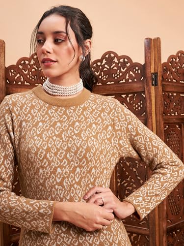 Image of Women's Woolen Winter Kurta | Ethnic Motifs Self Design Long Sleeve Straight Wool Kurti with Round Neck