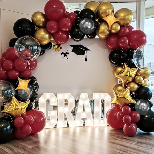 Image of Black Burgundy Gold Balloon Arch Kit, Maroon Red Balloon Garland with Stars
