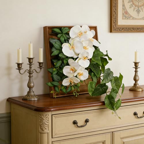 UBOSU Artificial Orchid Wall Art with Wood Frame, White Flowers with Green Leaves, 3D Floral Decor, Botanical Theme Size 15" x 13"