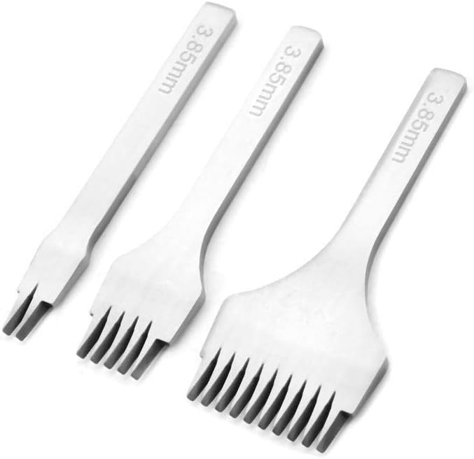 3PCS White Steel 2/5/10 Punch Prong Tool Set Lacing Stitching Chisel Set for Leather Crafts Punching Working(Spacing 3.85mm)