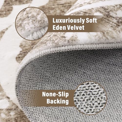 Image of Carvapet Round Rugs Vintage Circle Rug - Washable Non Slip Rubber Backing Foldable Low Pile for Living Room Bedroom, 4 ft Brown Rug