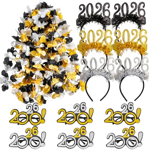 Atonofun New Years Eve Party Supplies 2026 24 Pcs New Year Glasses Headband Tiara Leis 2026 New Year Party Eve Decorations for Kids Adults