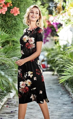 Image of Simier Fariry Women Summer Modest Teacher Travel Work Casual Midi Dress Spring Knit Short Sleeve Clothes Black Floral L