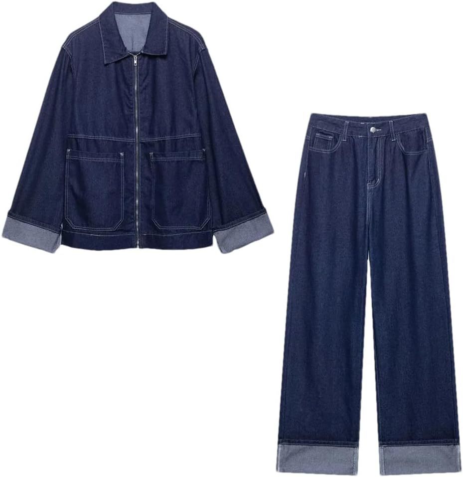 Womens Casual 2 Pieces Denim Suit Long Sleeve Denim Zipper Jacket and Elastic Waist Trousers Outfit