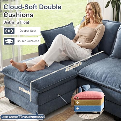 Image of 107 inch Cloud Couch Sectional Modular Sofa, Deep Seat Couches with Ottoman and Removable Washable Pillows for Living Room, Bedroom, Apartment, Blue
