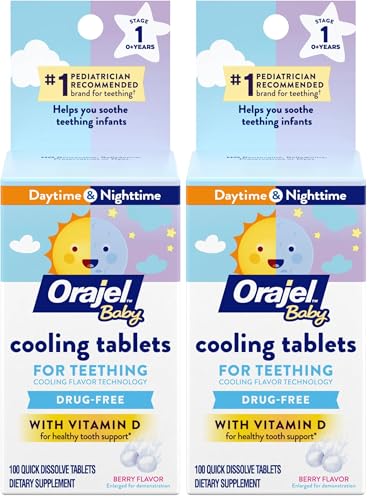 Image of Orajel Baby Cooling Tablets for Teething with Vitamin D, 100 Quick Dissolve Tablets,White, (Pack of 2)