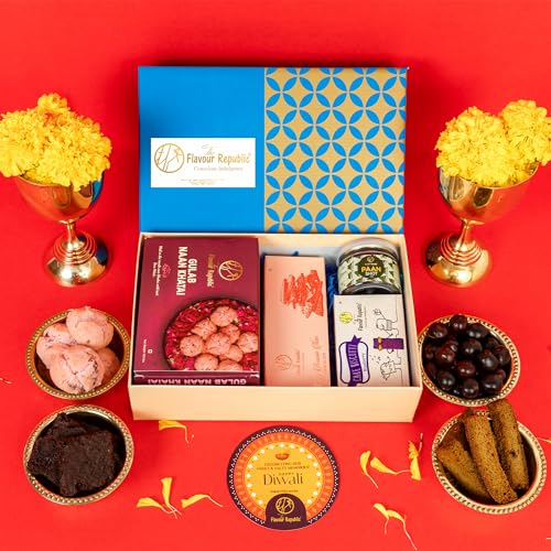 Image of The Flavour Republic Premium Diwali Greet & Treat Gift Box | Bhai Dooj Hamper with Gulab Naan Khatai, Brownie Thins, Blueberry Cake Biscotti & Mukhwas Paan Shots | Healthy Snacks for Birthdays, Anniversaries, Friends, Family & Corporate Gifting | Gourmet Snack Box
