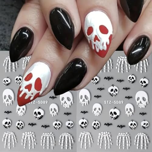 Lot de 2 autocollants pour nail art d'Halloween - En relief 5D - Crâne effrayant - Autocollants d'Halloween - Chauve-souris - Os - Tête de mort - Décoration...