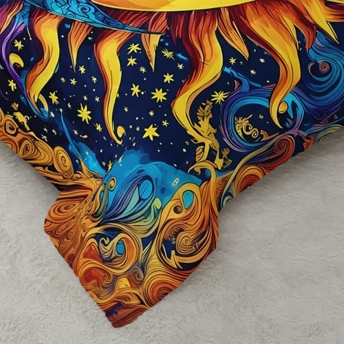 Image of AILONEN Sun and Moon Comforter Set Queen, Sun Moon Celestial Psychedelic Boho Bedding Set,Blue Yelow Star Comforter with 2 Pillowcases