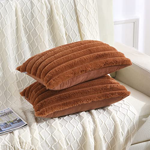 FUTEI Brown Striped Decorative Throw Pillow Covers 12x20 Inch Set of 2,Rectangle Winter Decorations Couch Lumbar Pillowcase,Soft Cozy Faux Rabbit Fur & Velvet Back,Modern Home Decor for Bed
