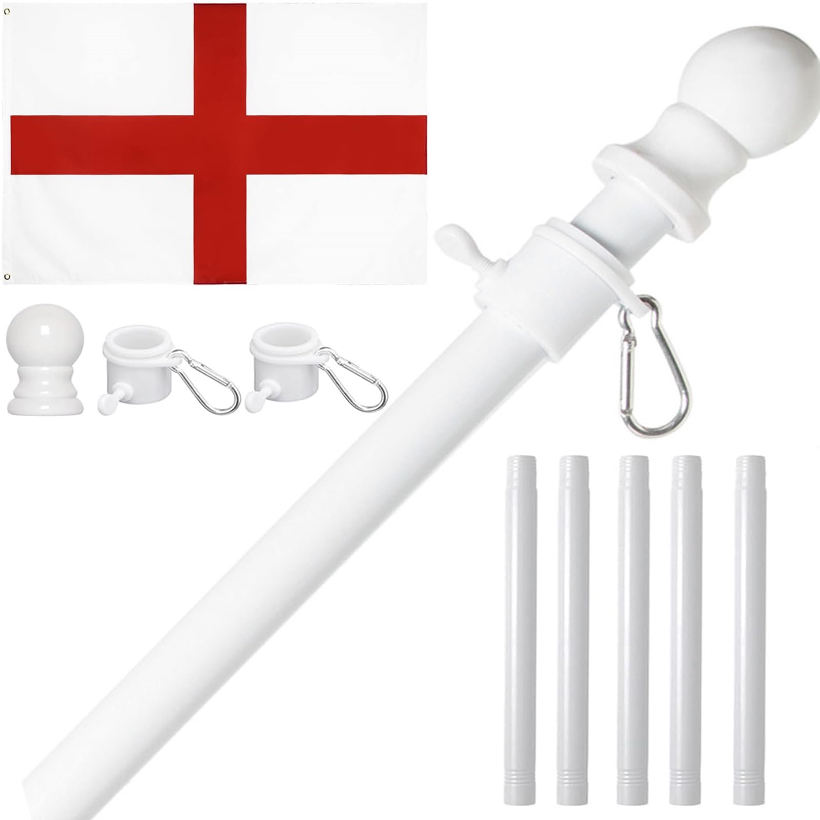 Flag Pole Kit, 6ft Flag Poles For Garden, 5ft X 3ft Union Jack Flags, British Flags And Pole Kit With 360 Rotating Rings, England FlagAnd Poles Set For House Garden Yard Outdoor Fence (White #B)