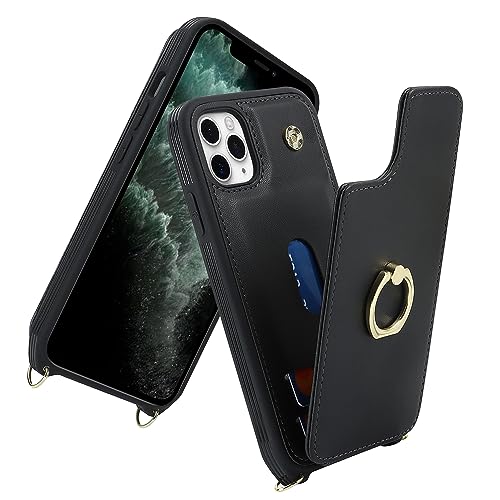 Image of for iPhone 11 Pro Phone Case with Card Holder and Strap for Women,Crossbody Lanyard,RFID Blocking,Kickstand Ring Stand,Snap Clasp,Phone Wallet Cases 5.8 inch(Black)