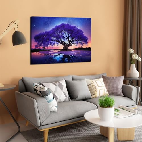 Image of Purple Tree Landscape Wall Art Blue Starry Night Picture Artwork for Living Room Wall Decor Abstract Nature Scenery Canvas Print Painting for Modern Bedroom Bathroom Home Office Decoration 32x48 inch