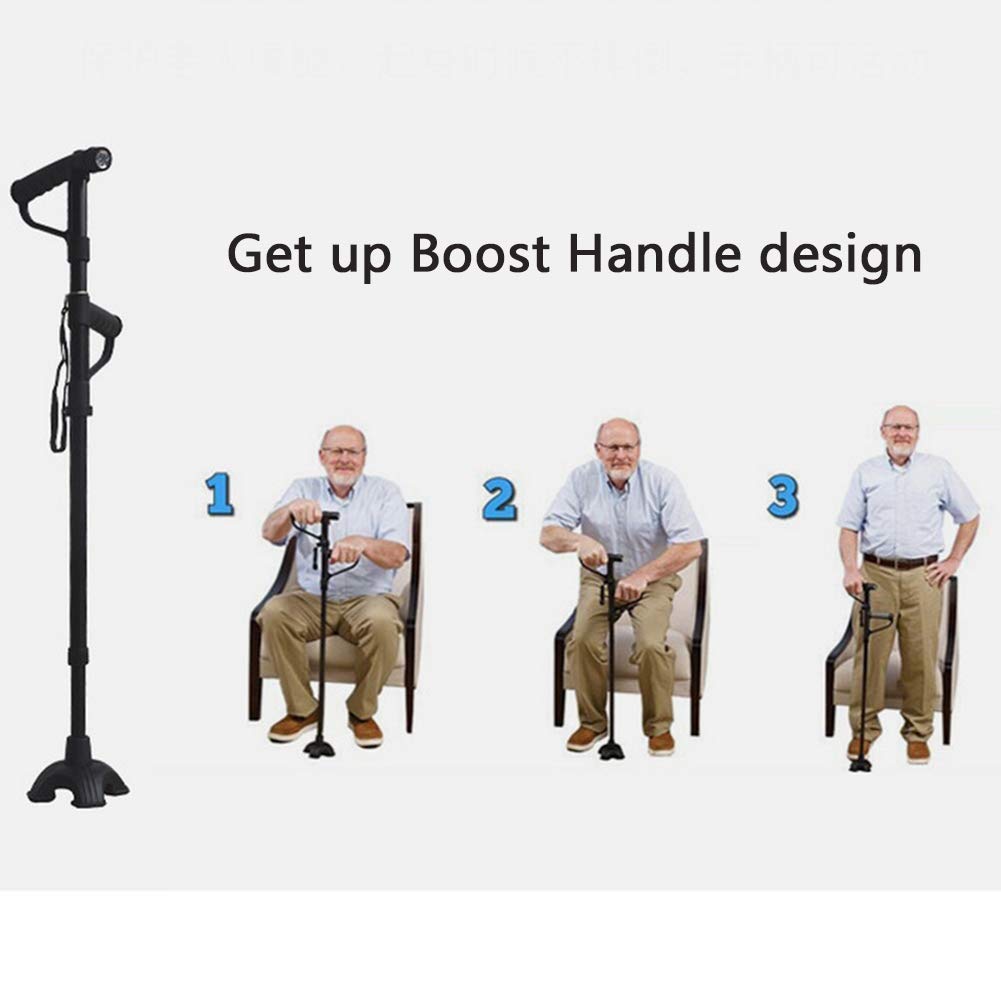 Bastón Plegable, bastón para Caminar con luz LED, Cuatro Patas Antideslizantes/aleación de Aluminio, Mango Doble, Altura Ajustable 86-98 cm, para Acampar, Escalar, Correr, muletas Times