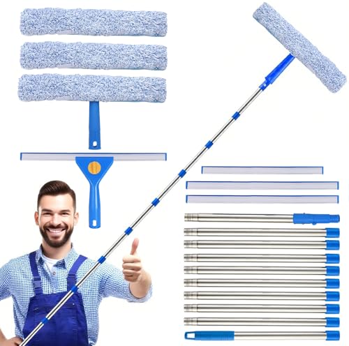 12.5Ft (3.8M) Telescopic Window Cleaning Equipment - Extendable Pole, 35cm Scrubber(3x Replaceable Sleeves), Squeegee(35cm *2 & 25cm *1). Ideal Cleaning kit for High Windows, Shower Glass, Car, RV