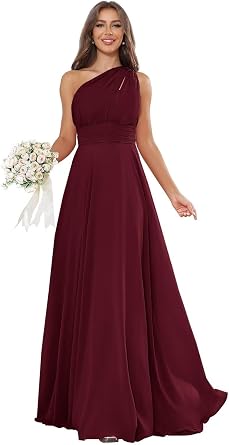 Long Bridesmaid Dresses for Women Burgundy One Shoulder A Line Chiffon Elegant Formal Evening Gowns 6