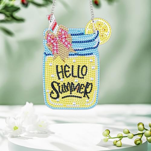 Image of AiYuanzsh Hello Summer Diamond Painting Hanging Kit, DIY 5D Jar Lemon Drink Sign Ornament, Diamond Art Hanging for Adults, Door or Wall Summer and Holiday Decoration, Handmade Crystal Art Gift