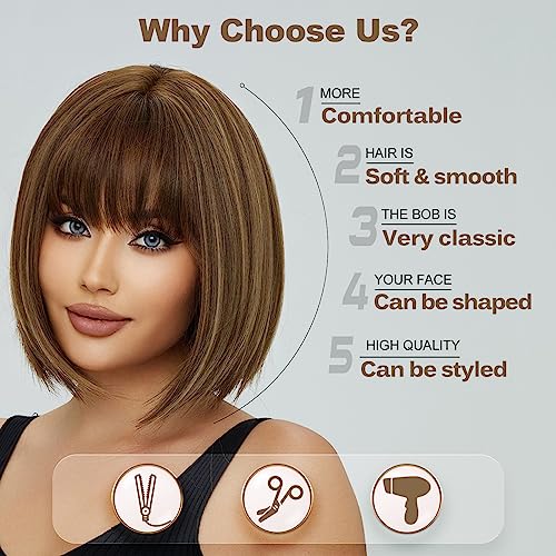 EMMOR Brown Bob Wig with Bangs 13" Short Bob Wigs for Women Heat Resistant Synthetic Wig Natural Looking for Daily Use Party and Cosplay(Brown with Blonde Highlights) - Image 3