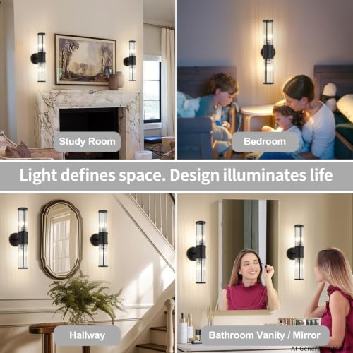 Image of 19.69 inch Modern Bathroom Wall Sconce Light Fixture, Black Glass Rod Vanity Light with E12 Base, Up or Down Mounting for Mirror Makeup Lighting (Bulbs Not Included)