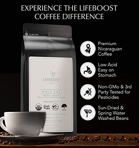 Lifeboost Coffee Whole Bean Half Caff Coffee - Low Acid Single Origin Usda Organic Coffee - Non-Gmo Coffee Beans Third Party Tested For Mycotoxins & Pesticides - 12 Ounces #TOP5
