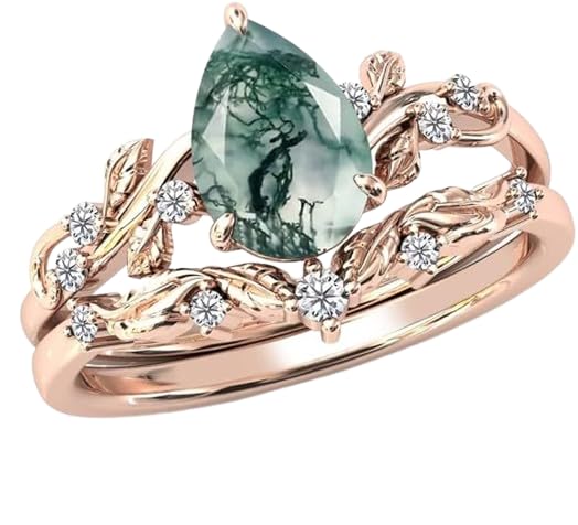 Silwan 10K 14K 18K Gold 1 CT Moss Agate Engagement Ring for Women Pear cut Moss Agate Wedding Ring for Women Leaf-embellished moissanite ring for(Size 4-13) - Main Image