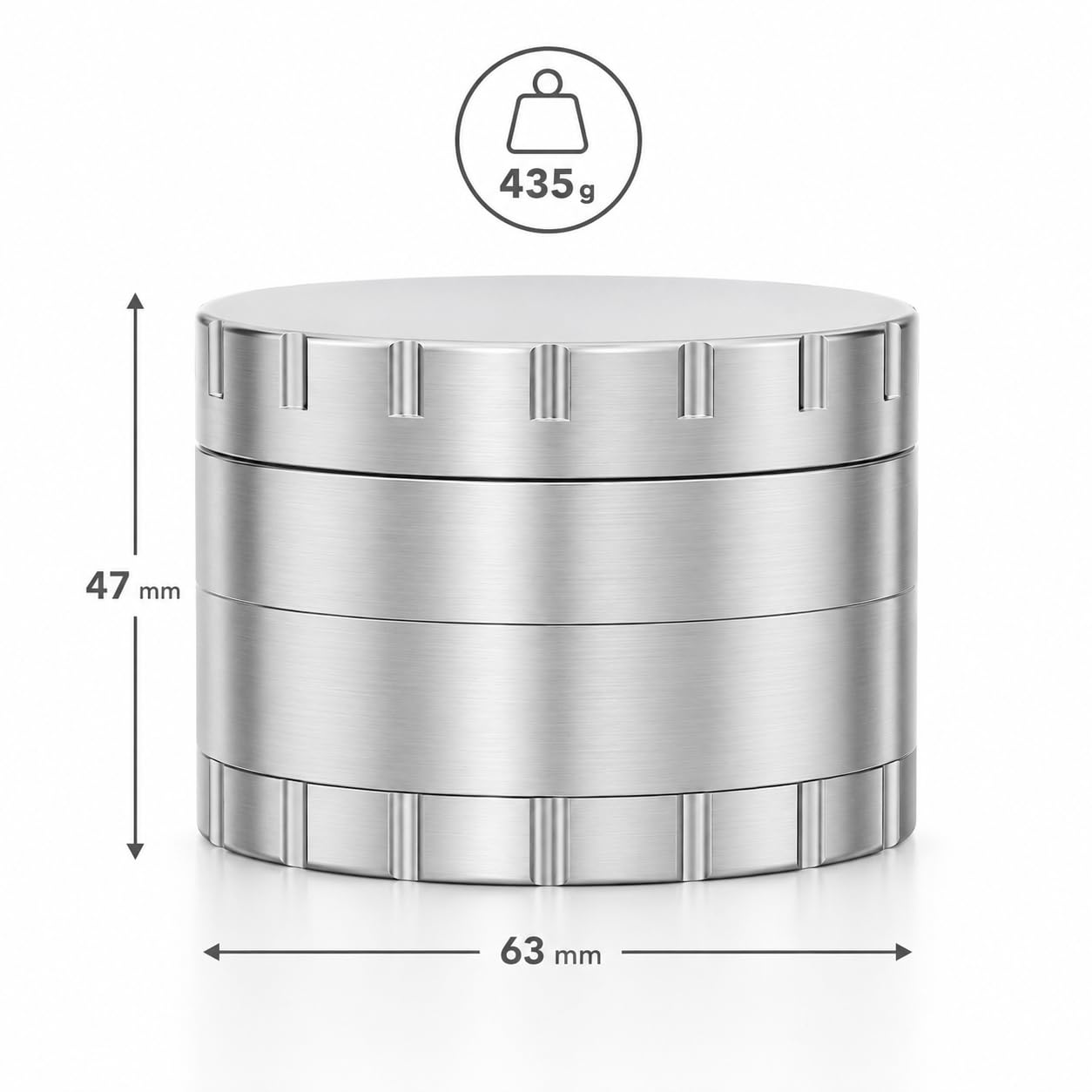 JCASE Edelstahl Grinder 63 mm, 4-teilig – massive Kräuter- & Gewürzmühle aus rostfreiem Stahl, 435 g, mit feinem Sieb, Magnetdeckel & Hardcase-Tasche