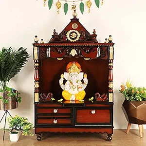 DZYN Furnitures Divine Space Medium Home Temple Mandir Big Size Wooden Mandir for Home Big Size Without Doors Temple for Home Big Size with Stand Big Puja Mandir for Home (Brown Gold)