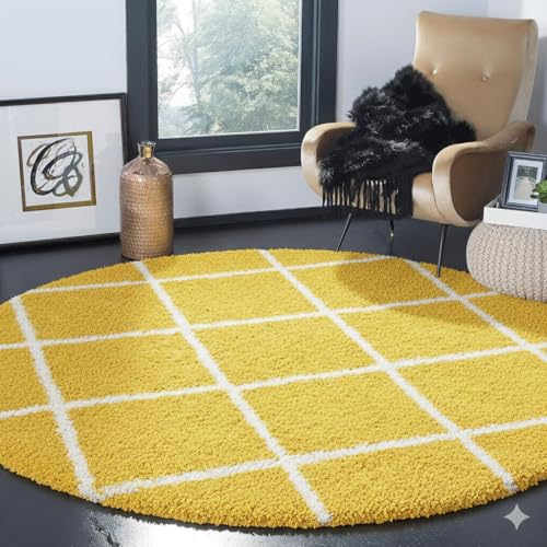 Image of Premium Antiskid Shaggy Carpet /Rug Plain Fur Rectangular Rugs,Soft Microfiber for Bedroom,Living Room,Kids Room,Hall etc (Yellow Box, 5X5 FEET Round)