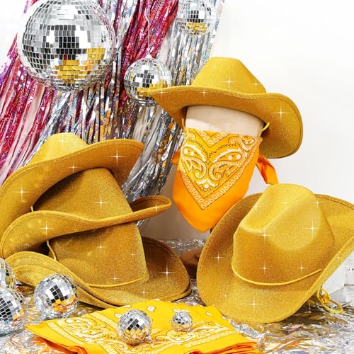 Image of Coume 12 Pcs Sparkly Adults Cowboy Hat and Bandanas Women Men Western Glitter Cowgirl Party Hats with Adjustable Drawstring