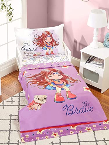 Image of EVERYDAY KIDS Precious Moments 4 Pc Toddler Bedding Set Starring Isabella The Super Hero and Her Dog Comforter, Flat Sheet, Fitted Sheet and Pillowcase in Lavender (Light Purple), White and Red