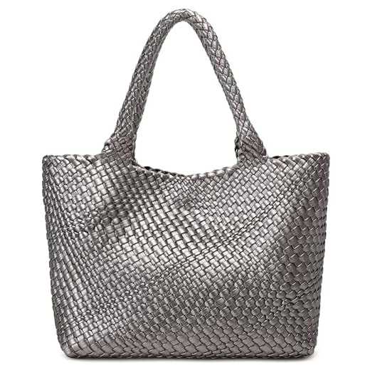 Queenoris - Borsa intrecciata da donna, alla moda, con manico superiore, borsa a tracolla in ecopelle, grande, da viaggio, Argento, Medium